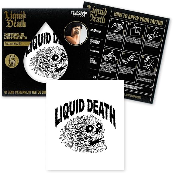 Liquid Death Instant Death セミパーマネントタトゥー | スカルロゴ スキン破壊行為タトゥー | 1-2週間持続 | ボディアート