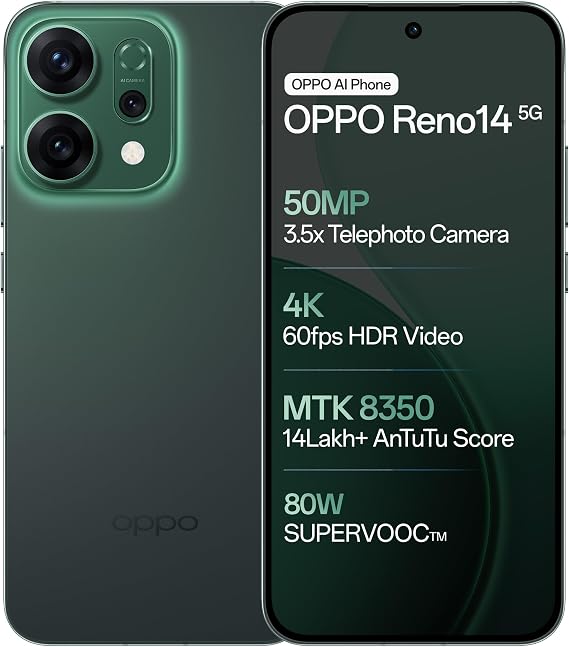 Oppo Reno14 5G (Forest Green, 12GB RAM, 512GB Storage) with No Cost EMI/Additional Exchange Offers