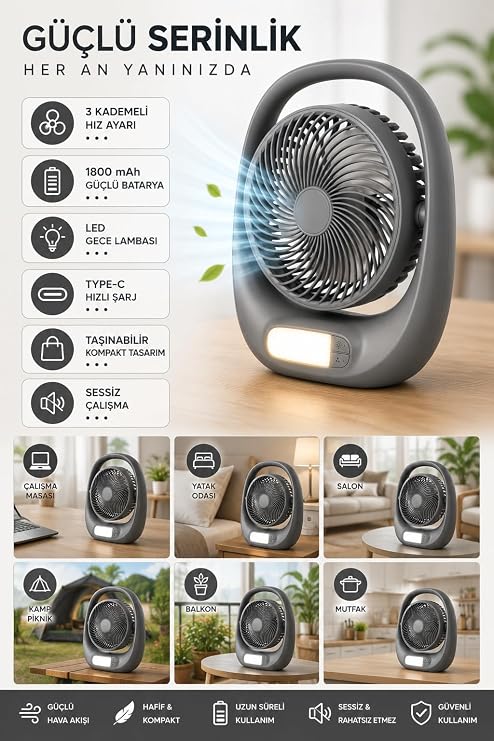 Şarjlı LED Masaüstü Fan 1800 mAh 3 Kademeli Taşınabilir Mini Auhma Masa Vantilatör Type-C Şarjlı 180° Dönebilen Başlık Gri