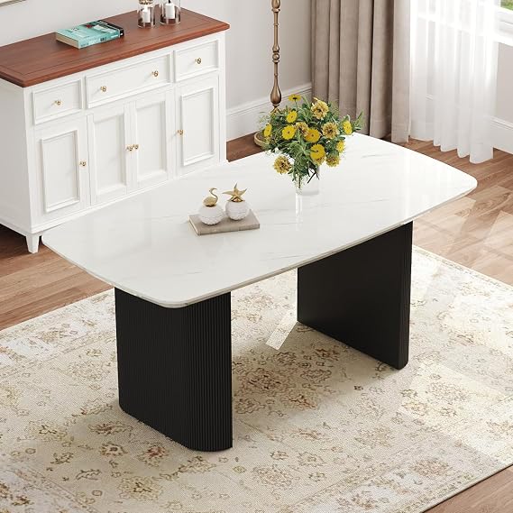 Ebullient White Marble Dining Table for 68, 67'' Modern Oval Kitchen Table with 3.5'' Thick White Marble-Patterned Tabletop and Matte Black Column Legs, Large Dining Room Table
