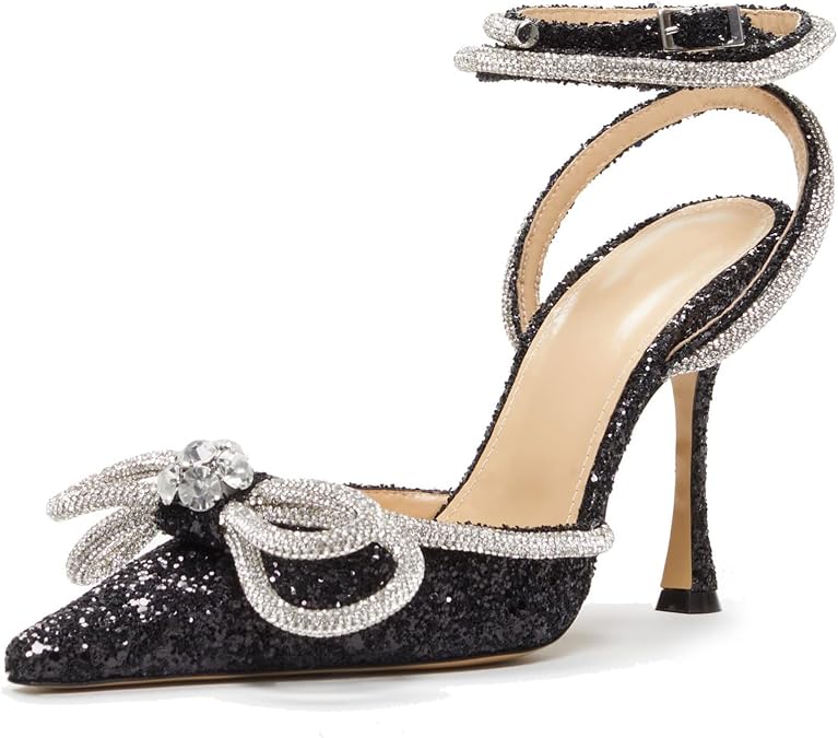 BlingQueen Women's Heeled Sandals Satin Rhinestone Ankle Strap Pumps Crystal Embellishment Pointy Stilettos Backless Wedding Dress Heeled Sandals