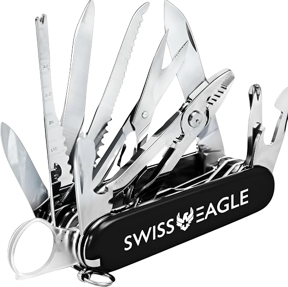 Swiss Eagle 30-in-1 Classic Pocket House Hold & Campaign Tool, Premium Multi Tool Pocket Tool with Blade, Scissor, Screwdriver, Plier, Magnifying Glass, Tweezer for Christmas Gifts - Black
