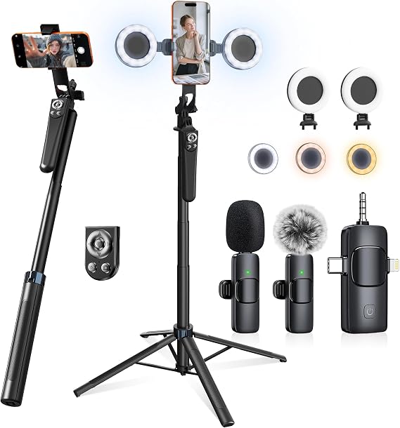 Content Creator Essentials Vlogging Kit for iPhone, Tripod & Wireless Mic | 71" Tripod with light, remote, selfie stick, phone stand. Designed for TikTok, YouTube, video recording