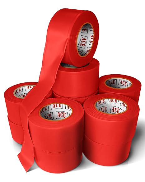 ACE Supply Red Flagging Tape 12 Pack - Non-Adhesive Survey Tape - 1.5 Inch Width, 150 Ft Length, 2 Mil - Tree Marking Ribbon, Surveyors Ribbon