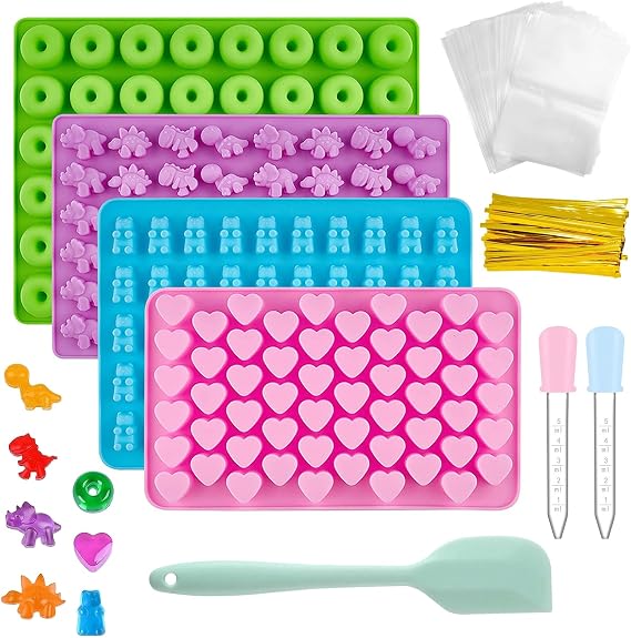 4 Pcs Gummy Bear Mould Silicone Gummy Candy Mold with 2 Droppers Sweet Mould Small Silicone Moulds Jelly Moulds for DIY Candy Chocolate Cookie Wax Melt