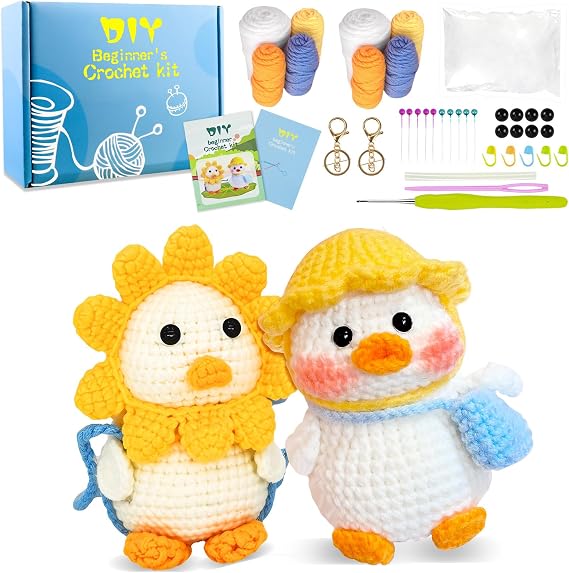 Crochet Kit for Beginners - Crochet Animal Kit for Crab and Clownfish, Include Crochet Hook, Soft Yarn, Video Tutorials, Instruction, Crochet Starter Kit for Adults (Petal Duck & Traveling Duck)