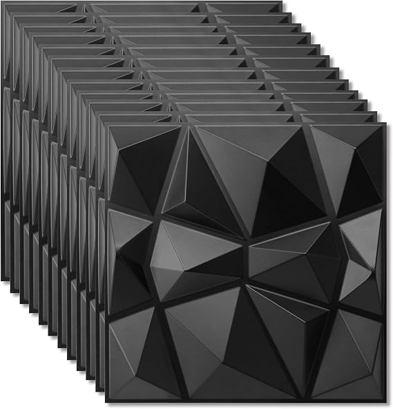 12 Pcs 3D Wall Panels PVC Panel, Facade Cladding, Ceiling Panels, Gaming Wall Panels, Wallpaper for Living Room, Bedroom (11.8 x 11.8 Inch, Black)