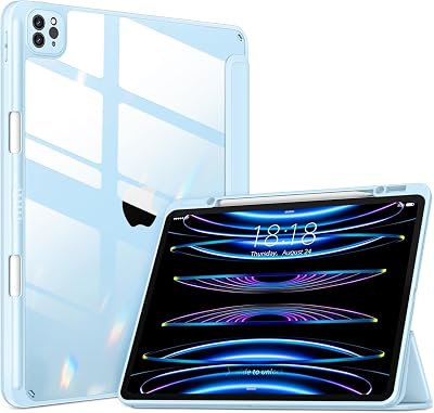 VIKESI for iPad Pro 12.9 Case 6th5th4th3rd Generation 2022202120202018,Clear Back Cover[Built-in Pencil Holder,Auto SleepWake,Camera Protection] for 12.9-inch iPad Pro-Ice Blue