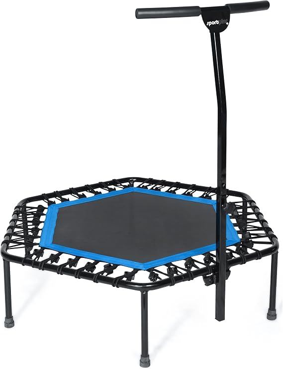 SportPlus+ Indoor Trampoline, Blue/Green/Red, Rebounder Home Fitness Trampoline with Height Adjustable Bar