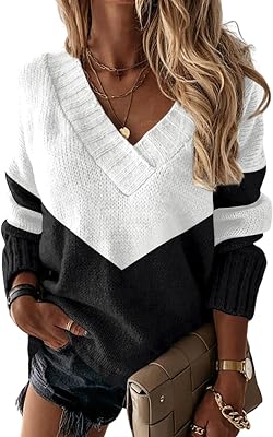Pullover Sweaters for Women 2026 Trendy Spring V Neck Long Sleeve Color Block Lightweight Casual Knit Tops