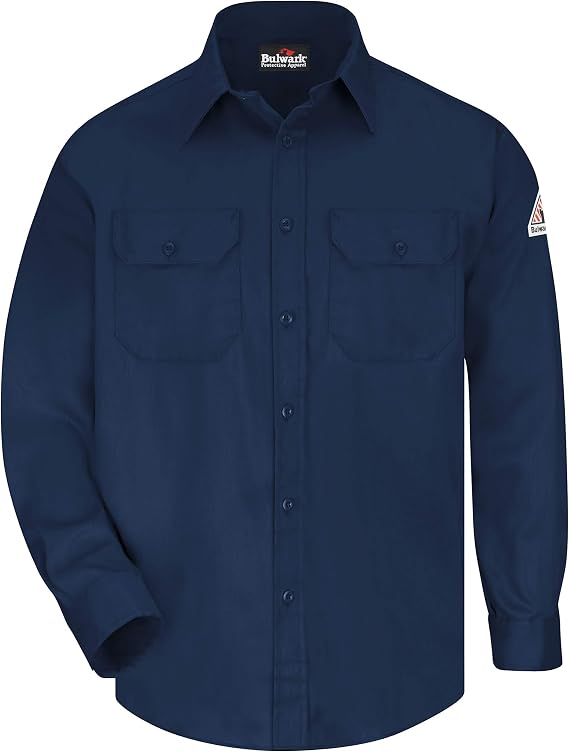 Bulwark Flame Resistant 6 oz Cotton/Nylon Excel FR ComforTouch Regular Uniform Shirt with Straight Back Yoke, Topstitched Cuff, Navy, X-Large