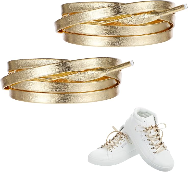 1 Pair Gold PU Leather Shoelaces, 55.1Inch Flat PU Leather Laces Gold Shoe Laces for SneakersFlat Shoe Lace Golden Shoes Accessory for Women Men