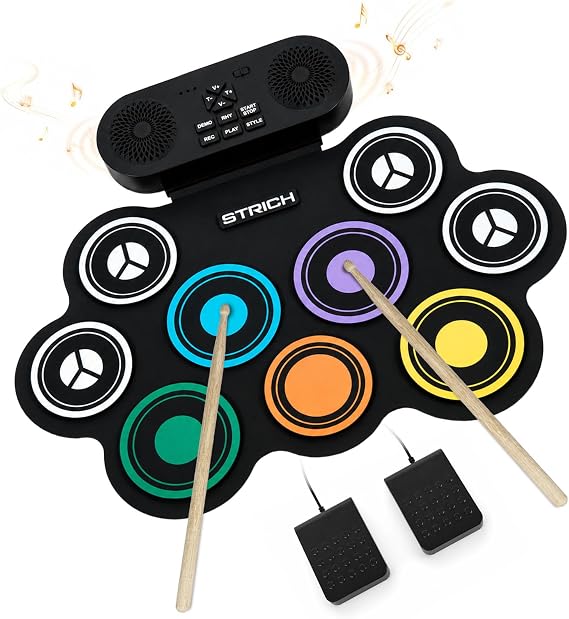 STRICH Electric Drum Set, 9-Pad Roll Up Portable Practice Electronic Drum Kit with Built-in Speaker, Drum Pedals & Sticks, 10 Hours Playtime for Beginners SED-K10