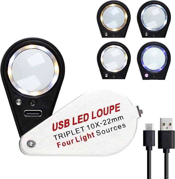 10X Jewelers Loupe with UV & LED Lights with Four Light Modes,22mm Portable Pocket Folable Loupe Jewelry Magnifier for Jewelry, Rocks, Coins (Sliver)