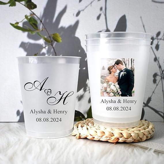 200 Pack Custom Frosted Cups, Personalized Wedding Plastic Cups 12 oz, Customized Flexible Reusable Party Cups, Wedding Toast Cups with Names Picture, Reception Bar Cups, Monogram Cups