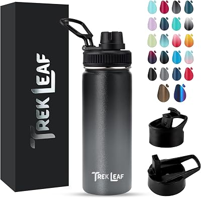 Travel Water Bottle with 3 Lids Spout, Straw, Flip Leak Proof, Quality, Vacuum Insulated, Stainless Steel Charcoal Fog, 18 oz