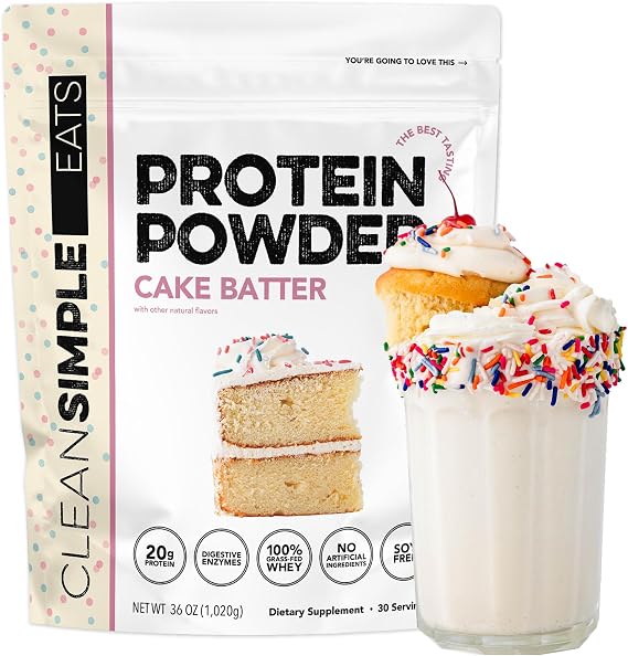 Clean Simple Eats Whey Isolate Protein Powder, Cake Batter, 30 Servings | 20g Grass Fed Whey Isolate | Digestive Enzymes | Zero Added Sugar | Gluten Free | Non-GMO | Naturally Sweetened