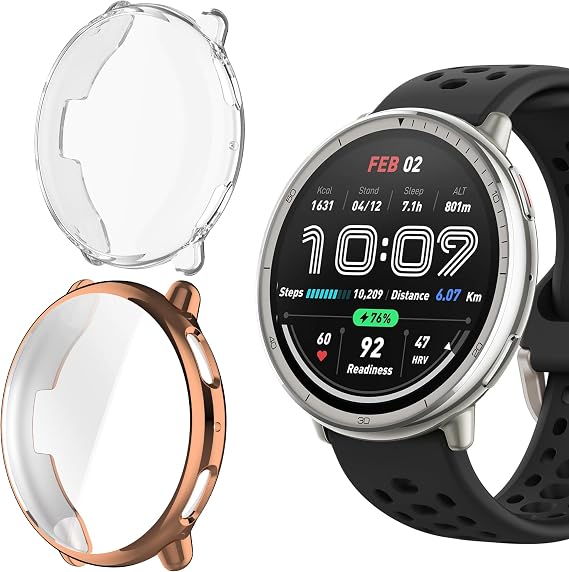 Lamshaw Compatible for Amazfit Active 2 Case, All-Around Protective TPU Bumper Cover Screen Protector Case Cover Compatible with Amazfit Active 2 Smart Watch 44mm (2 Pack-Clear+Rose Gold)