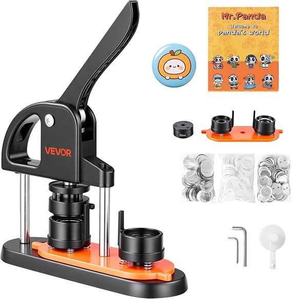 VEVOR Button Maker Machine, 32mm/1.25 inch Button Maker with 500pcs Button Parts, Ergonomic Arc Handle Punch Press Kit, Pin Maker with Panda Magic Book, for Children DIY Gifts and Christmas