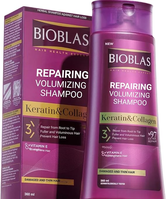 Bioblas Kolajen & Keratin Şampuan – Saç Dökülmesine Karşı, Onarıcı ve Dolgunlaştırıcı Etki, Bitkisel Kompleks B19, 360 ml