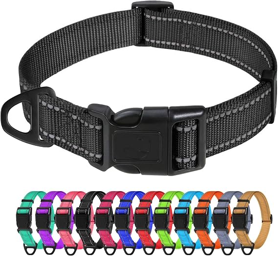 TagMe Reflective Dog Collar for Medium Dogs Classic Nylon Pet Collar Lightweight Adjustable 35-50cm Quick Release Buckle High Visibility Stitching 2.5cm Width, Black