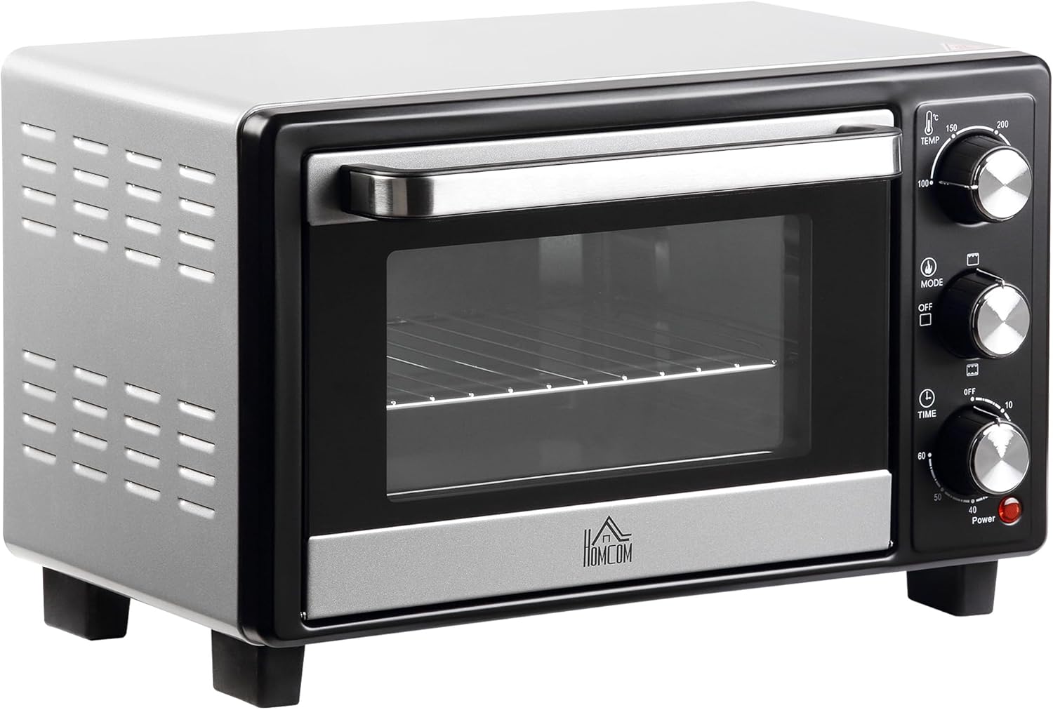 HOMCOM Mini Oven, 16L Countertop Electric Grill, Toaster Oven with Adjustable Temperature, 60 Min Timer, Crumb Tray, Baking Tray, Wire Rack, Tray Handle, 1400W, Silver