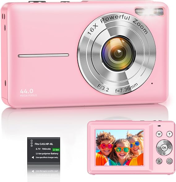 Digital Camera 1080P 44MP Vlogging Camera for Kids Teens, FHD Compact Portable Photo Camera with 2.4" Screen 16X Zoom, Anti-shake Mini Camera for Beginners Students Boys Girls-Pink（No SD Card)