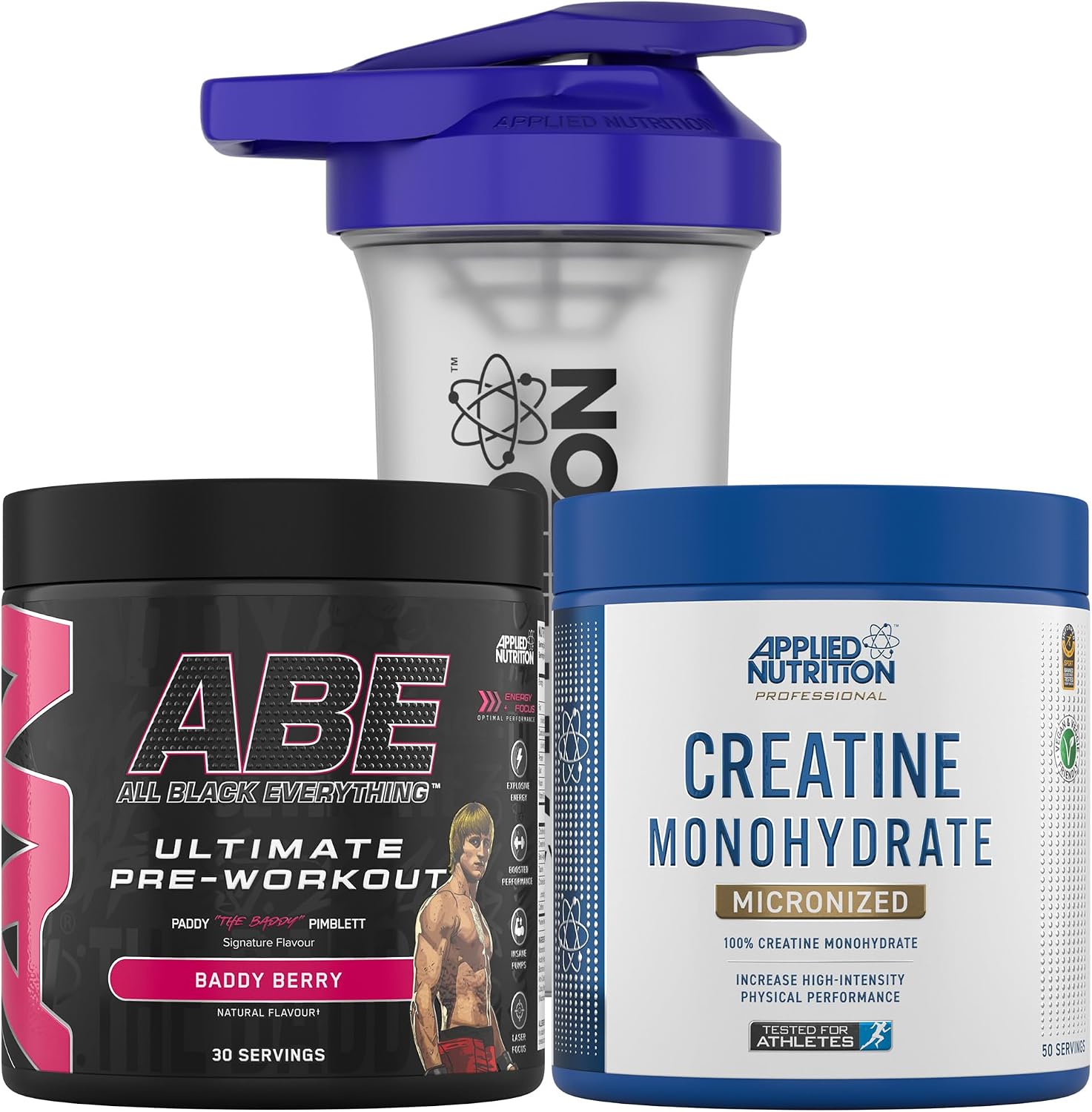 Applied Nutrition Bundle ABE Pre Workout 375g  Creatine 250g  700ml Protein Shaker | All Black Everything Pre Workout Powder, Energy & Performance with Creatine, Beta Alanine Baddy Berry