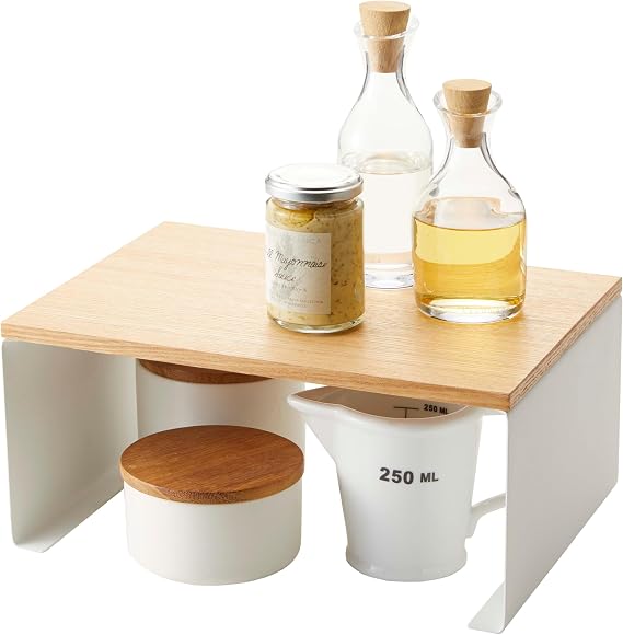 YAMAZAKI Home Tosca Wood-Top Stackable Kitchen Rack - Modern Counter Shelf Organizer - Large - Steel + Wood - Stack Up to Two