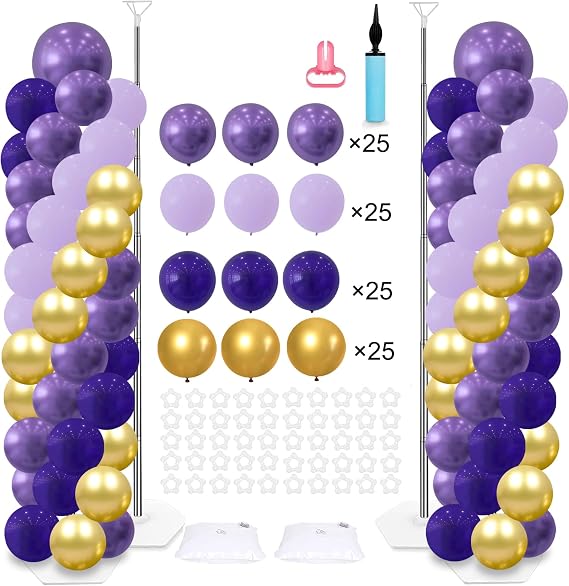 2 Balloon Arch Column Stand Kit, 100 Balloons, 6ft Adjustable, Purple Party