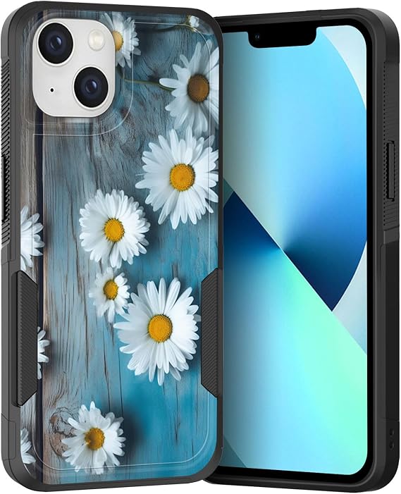iPhone 15 Plus用ケース デュアルレイヤー ハイブリッド 高耐久 頑丈 耐衝撃 ハードPC + ソフトシリコン保護ケース iPhone 15 Plus 6.7インチ 2023年用 古い木製デイジーフラワー