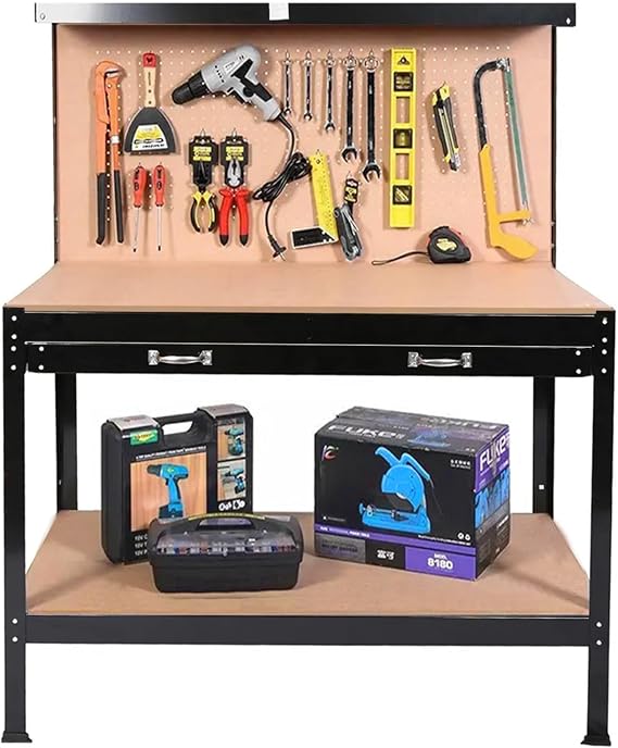 Heavy-Duty Steel Workbench 63" Multipurpose Workshop Table with Drawer, Pegboard & Shelf, Woodworking & Garage Tool Organizer, 300 lbs Capacity