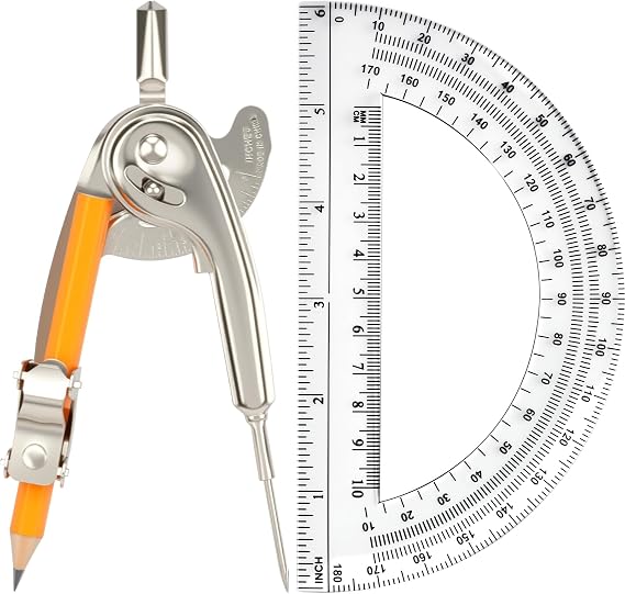 2-PCS Geometry Tool Set, Math Compass for Geometry and 6 Inch Protractor Set Include Metal Compass with Pencil and Clear Plastic Protractor for Student Classroom Office Woodworking Art Drawing