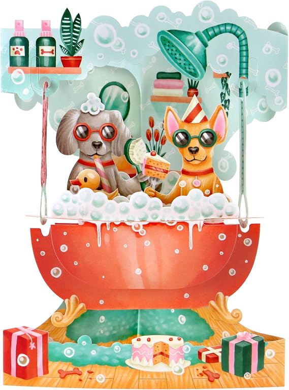 SANTORO Swing Card, 3D Pop Up Greeting Card - Doggy Bath Time - Pet Birthday Party, Dog Lovers, Adorable Puppies