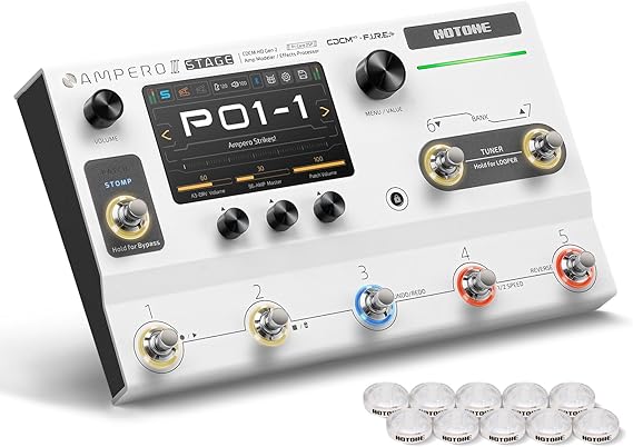 HOTONE Multi-Effects Pedal Dual Effect Chains with FX Loop MIDI I/O Stereo OTG USB Audio Interface Touch Screen Ampero II Stage(Include 10 PCS Additional Footswitch Toppers By VOLKTONE)