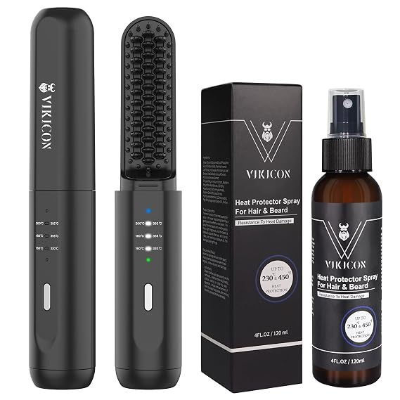 VIKICON Father's Day Gift Set for Men with Beard Hair Straightener & Heat Protectant Spray, Mini & Auto Shut Off Cordless Beard Brush