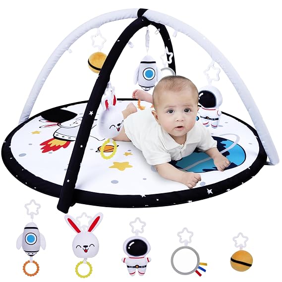 Lovvie & Joy Baby Play Activity Gym Tummy Time Mat for Newborn Infant,Baby Gyms & Playmats for Babies 0-6 9 12 Months with 5 Toys for Early Sensory Exploration and Motor Skill Development Space
