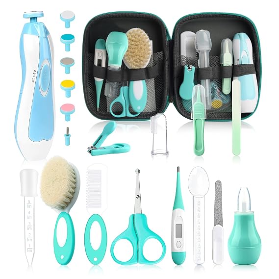 Baby Grooming Kit, Electric Safety Nail Trimmer Baby Nursery Kit,Infant Safety Care Set with Hair Brush Comb Nail Clipper Nasal Aspirator,Baby Essentials Kit for Newborn Girls Boys (20 Pc Green Kit)