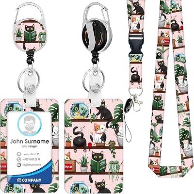 Pink Cute Cat Lanyards for ID Badges, Funny Cat Bookshelf ID Badge Holder with Breakaway Lanyard Retractable Badge Reel, ID Card Holder Keychain Name Badge Clip for Teacher Nurse Student