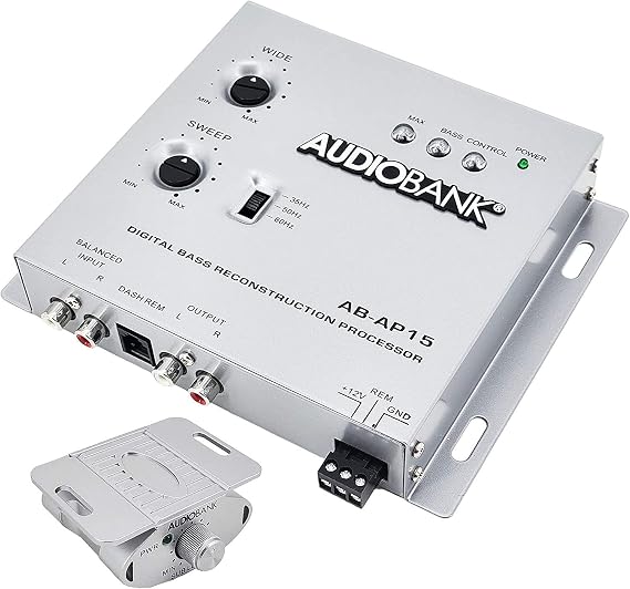 Audiobank AP15-1 2nd Gen 1/2 DIN Digital Bass Processor Equalizer - Sound Restoration, Crossover, Bass Knob, 15V RMS Input, 13.5V Peak Output for Car Subwoofers