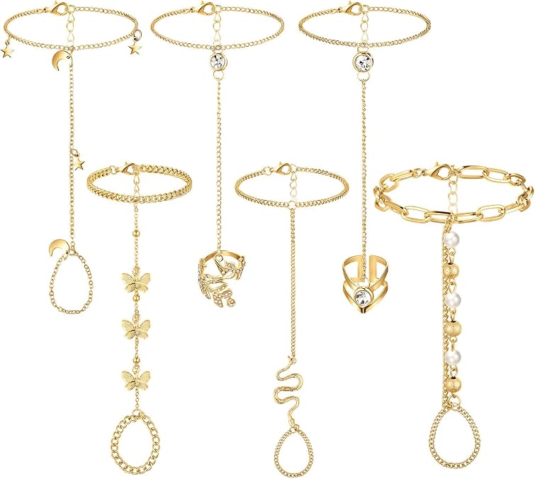 Fumete 6 Pcs Finger Ring Bracelet, Hand Chain Jewelry | Slave Bracelet Woman, Rhinestone Hand Harness Chain, Rose Gold Silver Hand Jewelry, Daily Wear Parties Events Accessory