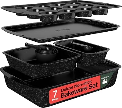 Stackable Baking Pan Set - Deluxe Nonstick Gray Marble Coating, Carbon Steel Bakeware Sets, PFOA, PFOS, PTFE Free, Recipe Booklet Included, Oven Safe Up to 450F, Set of 7