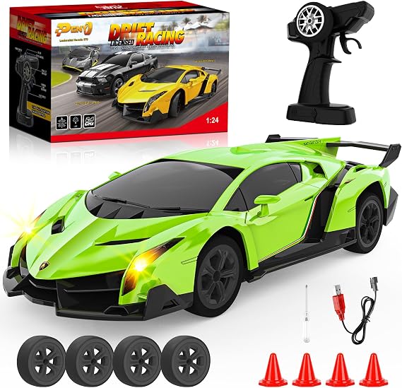 Lamborghini Remote Control Car, Officially Licensed 1:24 Scale 2.4GHz RC Drift Car Toys with Headlight PCS, Lambo Hobby Rc Cars for Boy Girl 4-12 Years Old, Birthday Gift (Green)