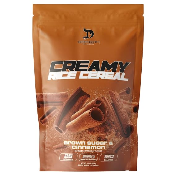 Dragon Pharma Creamy Rice Cereal, Gourmet Taste, Delicious Hot Cereal, Ready in Seconds, 25g Carbs (25 Servings, Brown Sugar Cinnamon)
