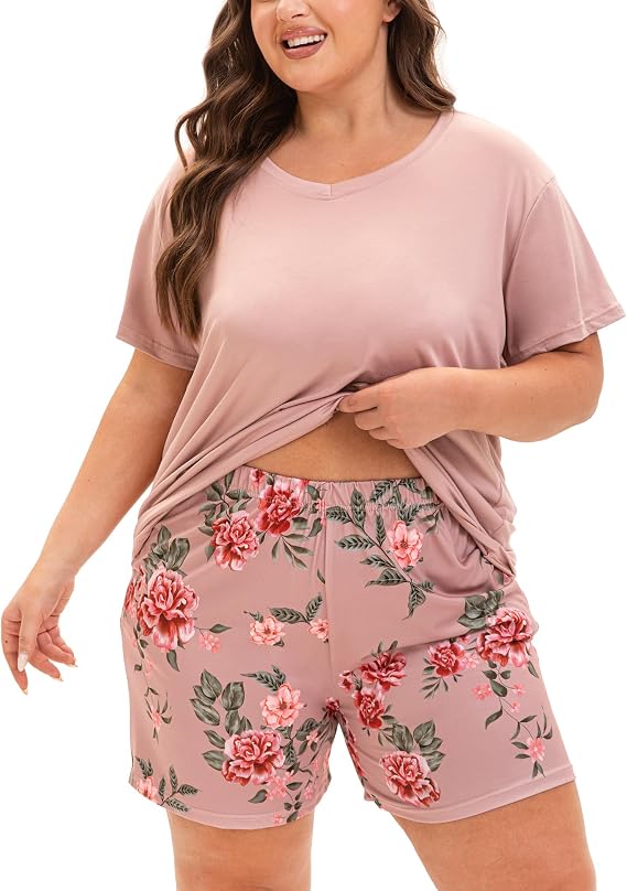 Plus Size Pajamas for Women Set, 2 Piece Womens Plus Size Short Sleeve V Neck Top and Shorts Pajama Sets with Pockets