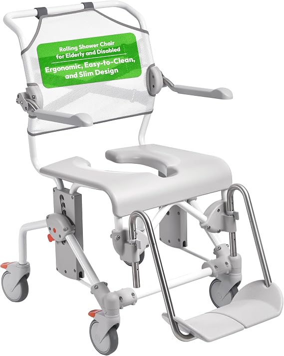 Etac Swift Mobile-2 Rolling Shower Commode Chair for Elderly, 353 lb, White