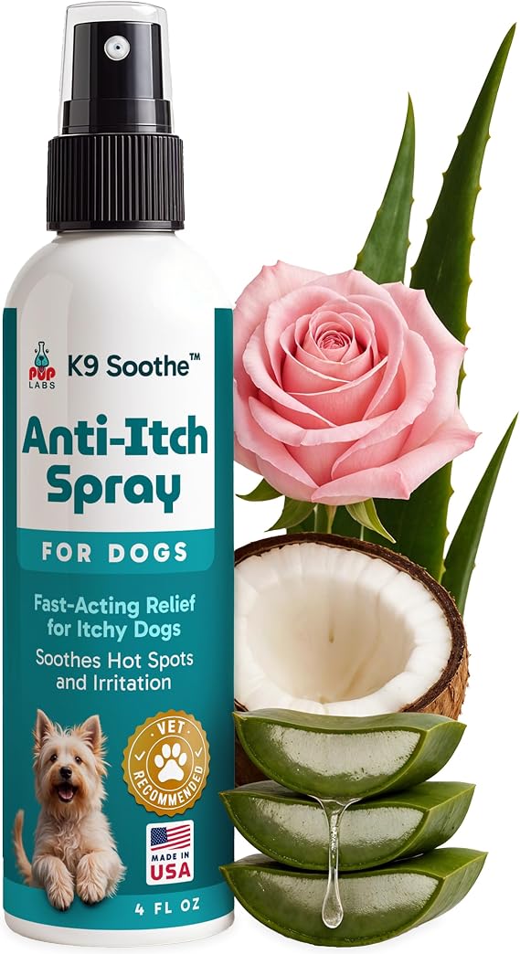 Pup Labs K9 Soothe Anti Itch Spray for Dogs with Aloe, Rose, Coconut, Natural Hot Spot Treatment for Dogs that Soothes Irritation, Pet Skin Treatment Spray, 4 FL OZ