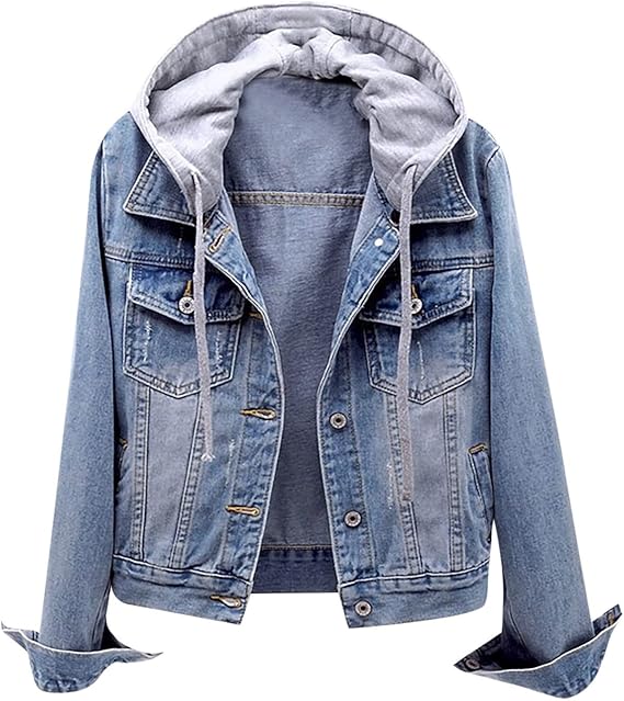 Ladies Denim Jacket Women's Autumn Winter Hooded Denim Jacket Slim Fit Cropped Length Button Front Casual Coat Long Sleeve Lightweight Streetwear Outerwear wth Pockets