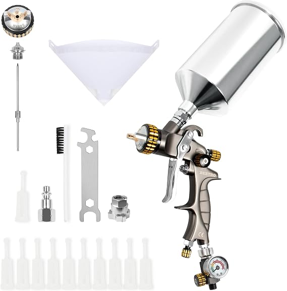 BEETRO HVLP Air Spray Gun 1.4mm Nozzle 1000ml Capacity 14.5CFM 30-43psi with 11 Filters 10pcs 190M Paint Strainers Air Control Valve 1/4" Connector and Type 2 Adapter