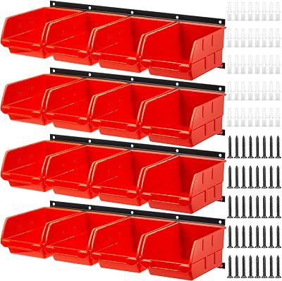 Maitys Wall Mounted Storage Bins Plastic Hanging Stackable Storage Parts Garage Tool Organizer for Screws, Nuts, Bolts, Nails, and Small Hardware Parts, 16x Bins & 4 x RailsOrange